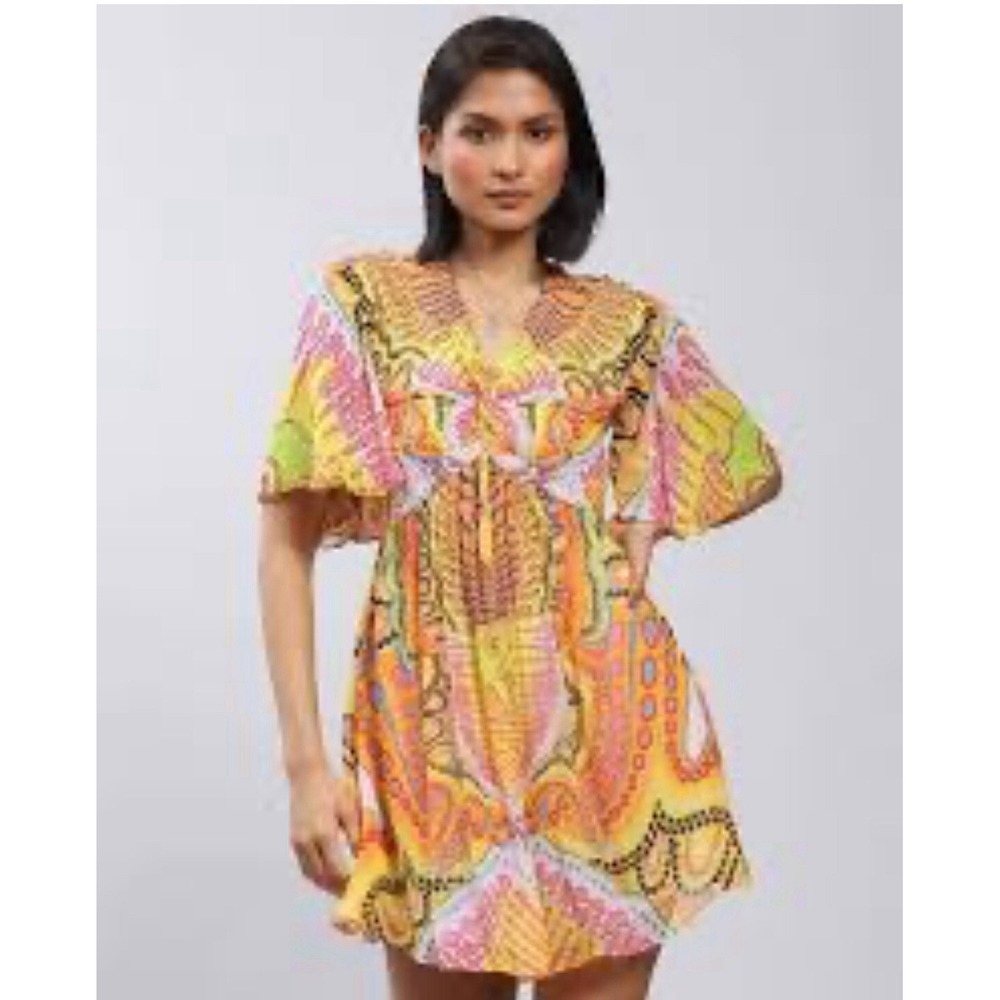Label Ritu Kumar Camilla Mini Dress Women Yellow Psychedelic Boho Flutter Sleeve